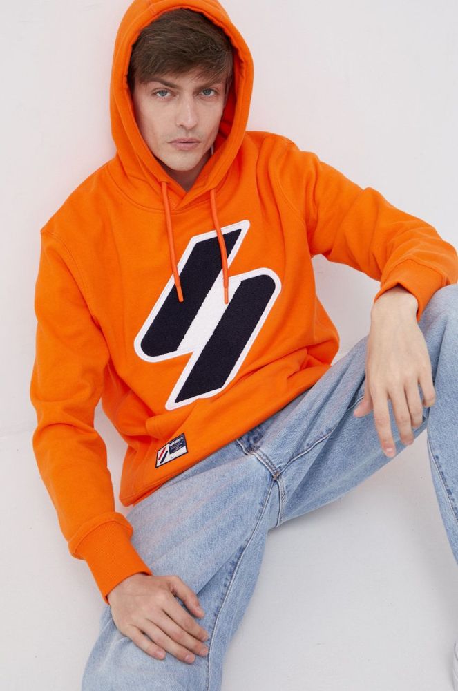 Бавовняна кофта Superdry чоловіча колір помаранчевий з аплікацією