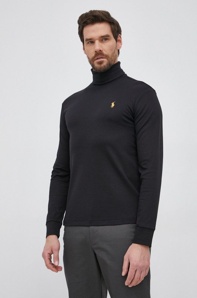 Бавовняний лонгслів Polo Ralph Lauren колір чорний гладкий