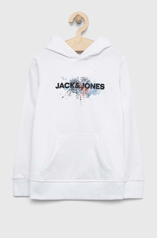 Дитяча кофта Jack & Jones колір білий з капюшоном з принтом