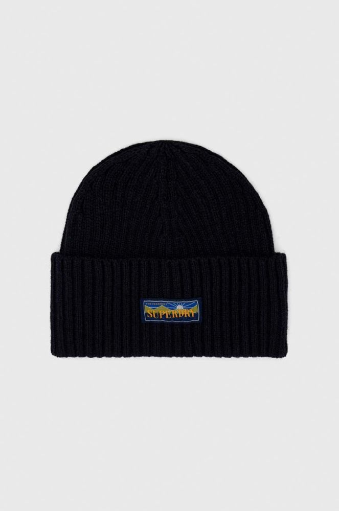 Вовняна шапка Superdry колір синій з товстого трикотажу вовна