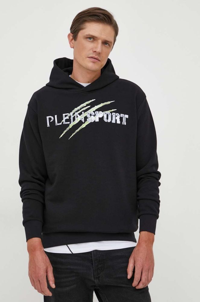 Кофта PLEIN SPORT чоловіча колір чорний з капюшоном з принтом (3374713)