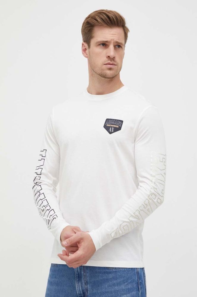 Бавовняний лонгслів Armani Exchange колір бежевий з принтом