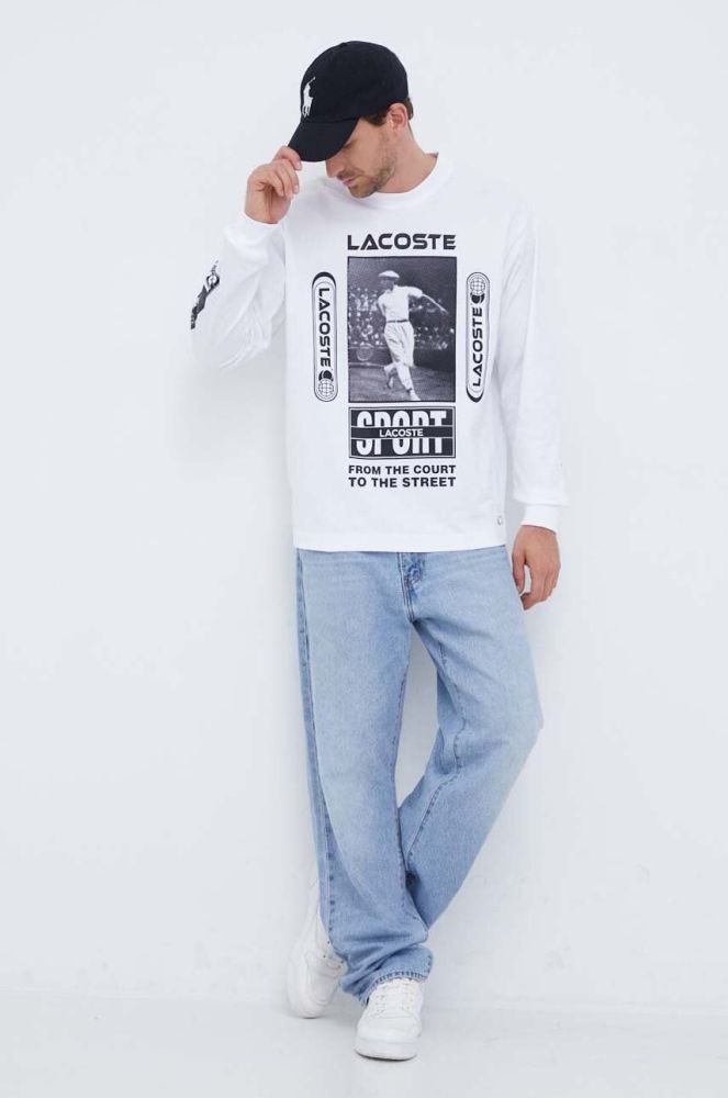 Бавовняний лонгслів Lacoste колір білий з принтом