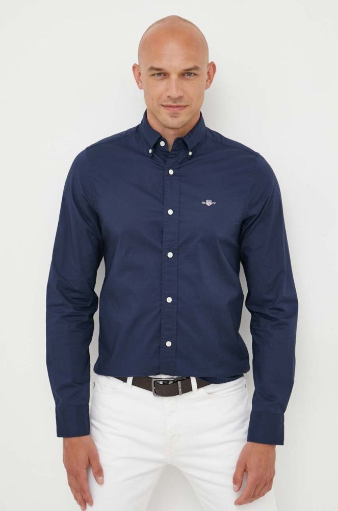 Бавовняна сорочка Gant чоловіча колір синій slim комір button-down