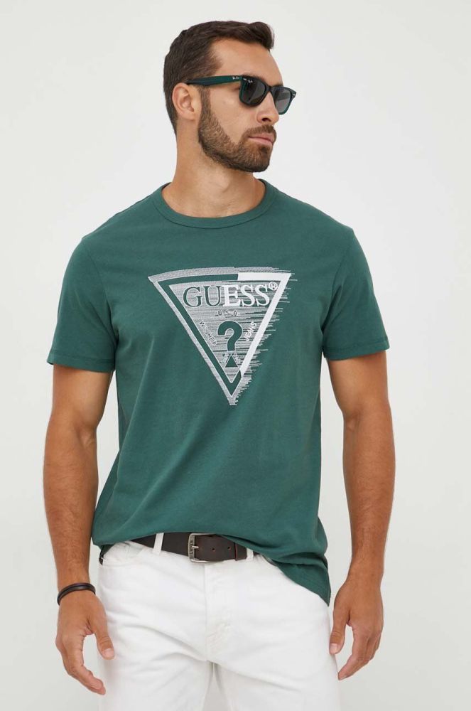 Бавовняна футболка Guess колір зелений з аплікацією (3382248)