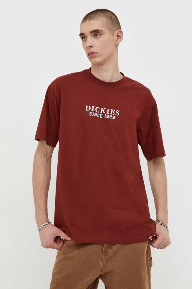 Бавовняна футболка Dickies колір бордовий з принтом