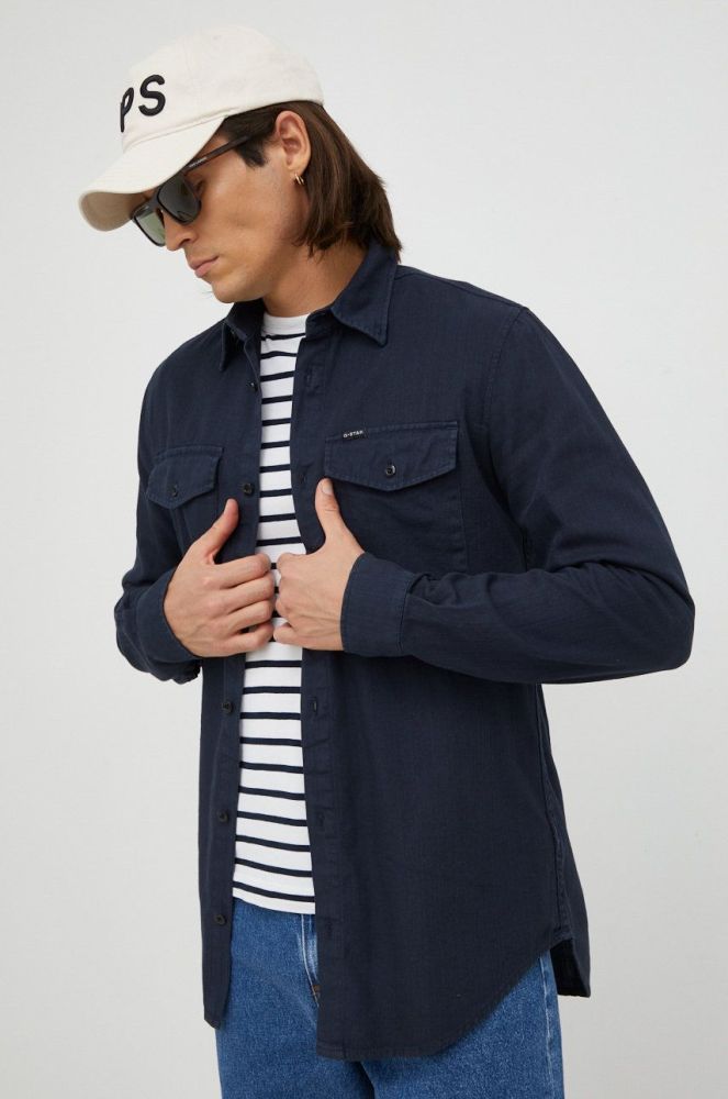 Бавовняна сорочка G-Star Raw чоловіча slim класичний комір колір темно-синій (2652978)