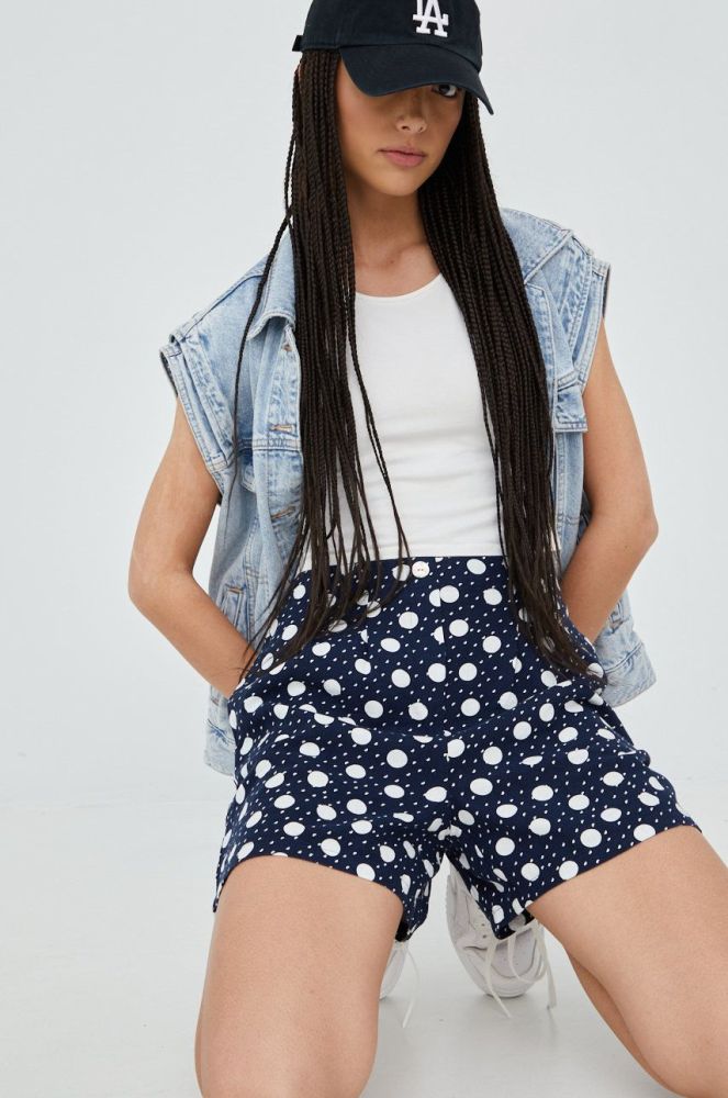 Шорти з домішкою льону Vero Moda жіночі колір синій візерунок висока посадка