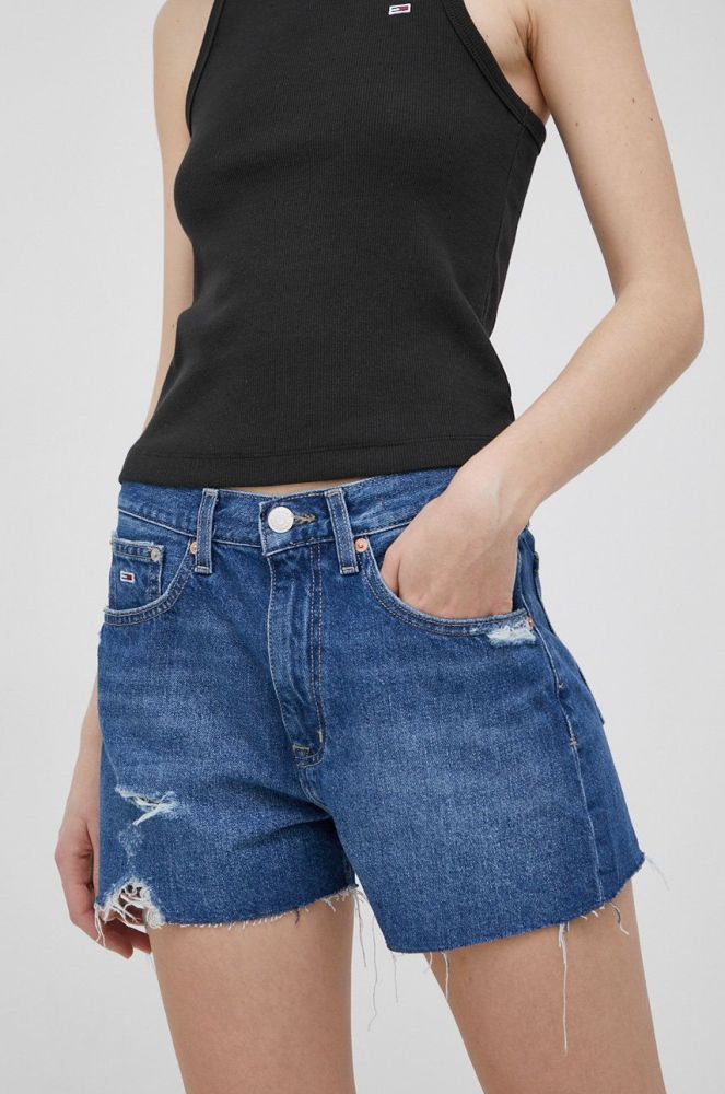 Джинсові бавовняні шорти Tommy Jeans жіночі однотонні висока посадка колір блакитний (2192418)