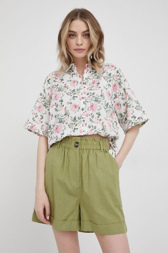 Шорти з домішкою льону Pepe Jeans Muriel жіночі колір зелений однотонні висока посадка