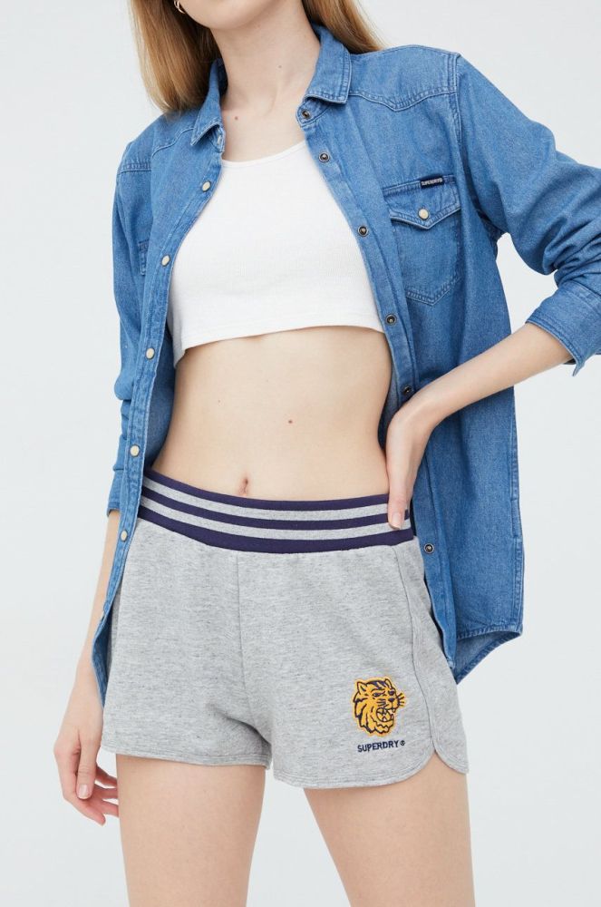 Шорти Superdry жіночі колір сірий з аплікацією висока посадка