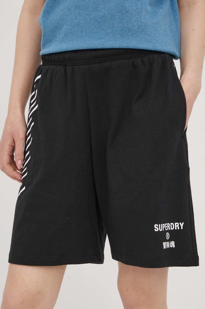 Бавовняні шорти Superdry жіночі колір чорний з принтом висока посадка