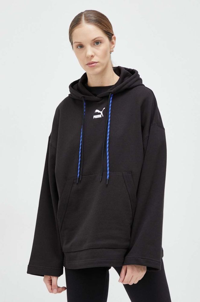 Бавовняна кофта Puma жіноча колір чорний з капюшоном з принтом