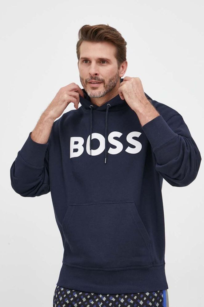 Бавовняна кофта BOSS BOSS ORANGE чоловіча колір синій з капюшоном з принтом