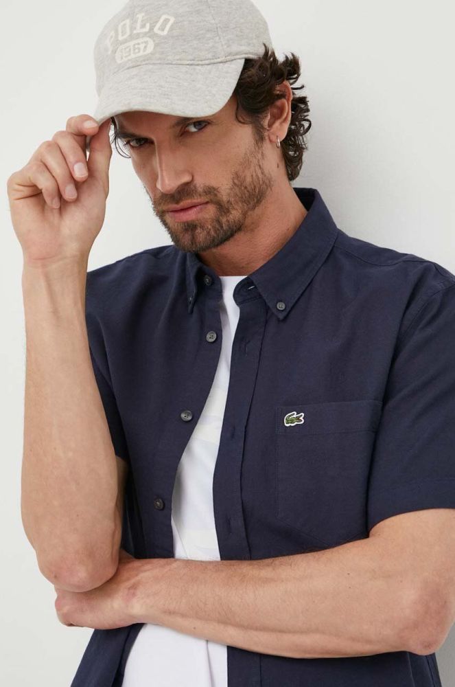 Бавовняна сорочка Lacoste чоловіча колір синій regular комір button-down