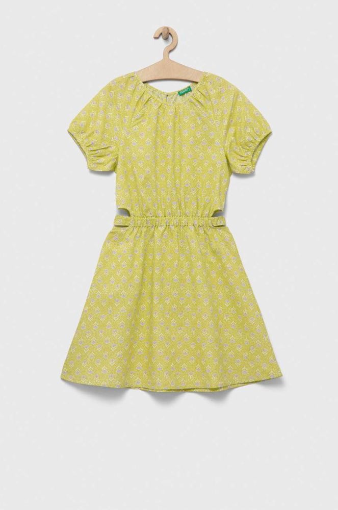Дитяча льняна сукня United Colors of Benetton колір зелений mini розкльошена