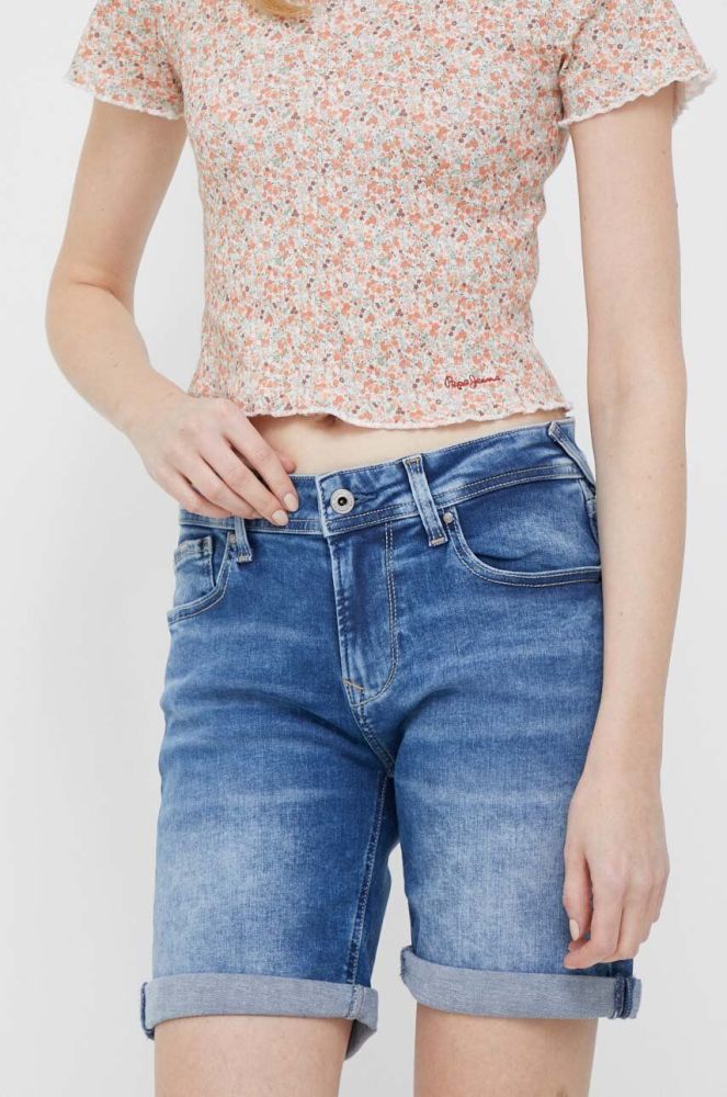 Джинсові шорти Pepe Jeans жіночі однотонні середня посадка колір блакитний