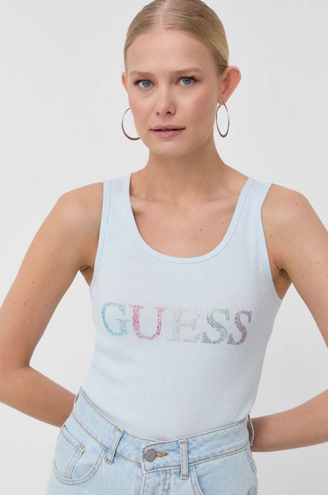 Бавовняний топ Guess колір блакитний (3023661)